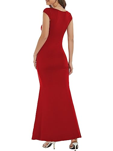 Image of Womens Summer Cap Sleeve Square Neck Elegant Casual Lounge Bodycon Slim Maxi Evening Party Long Dress