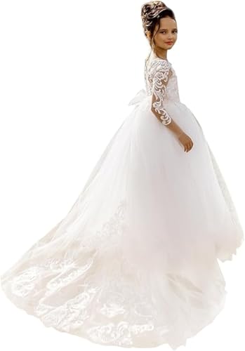 GZCYL Junior Bridesmaid Dresses Lace Long Sleeves Flower Girls Dresses for Wedding Princess First Holy Communion Dress Tulle