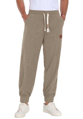Askdeer Mens Corduroy Joggers Pants Casual Cargo Pants Drawstring Elastic Waist Baggy Tapered Sweatpants with 3 Pockets Khaki