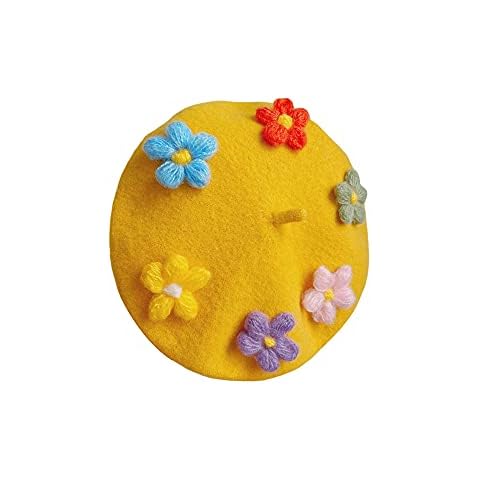 Winkinlin Toddler Girl's Dome Beret Hat, Classic French Style Winter Artist Beanie Cap with Colorful Flowers (Yellow, One Size) Cover