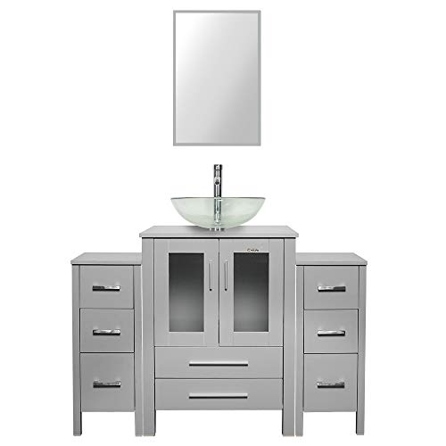48 inch Grey Bathroom Vanity Clear Glass Vessel Sink Combo 2 Small Side Cabinets Removable MDF Board Free Stand Vanity 1.5 GPM Chrome Faucet Bathroom Bowl with Pop Up Drain Bathroom Vanity