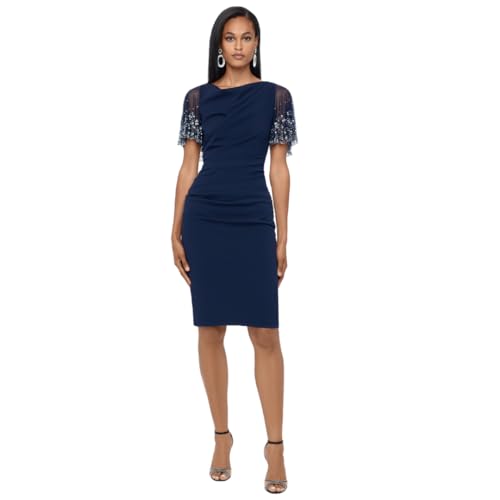 Image of Betsy & Adam Women's Short Ruched Crepe w /Beaded Flutter Sleeve