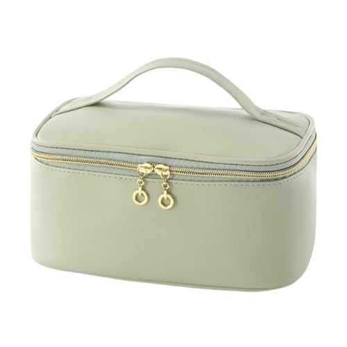 Hzskjyt 女性用メイクアップオーガナイザー、旅行用トイレタリーバッグ、ハンドル付きPUコスメティックポーチ, 緑
