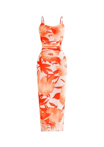PRETTYGARDEN Summer Wedding Guest Dresses for Women 2025 Spaghetti Strap Mesh Bodycon Beach Floral Maxi Long Dresses