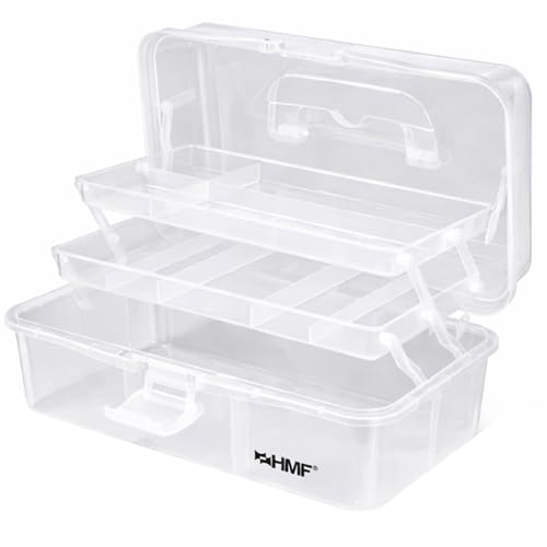 HMF Boîte à couture pliable à 3 niveaux, Boîte de rangement pour petites pièces | 33 x 20 x 15 cm | Transparent