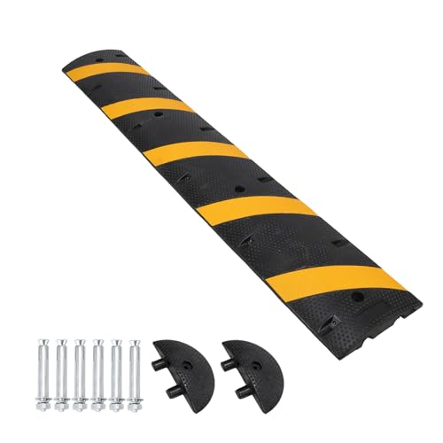 Image of 7 FT Rubber Speed Bump, 1 Pack 2 Channel Modular Speed Bumps, Humps | Heavy Duty 25000 lbs Load Capacity, Cable Protector Ramp with 2 End Caps, for Asphalt Concrete Gravel Driveway Road