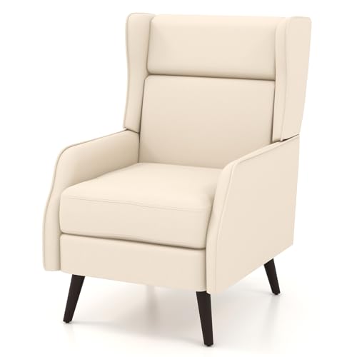 HOMASIS Sillón Sofá con Respaldo Alto de Tela, Sillón clásico con cojín, Muelles ensacados elásticos, Patas de Madera Maciza de Caucho, Sillón tapizado para salón, Dormitorio, 68x82x102cm (Beige)
