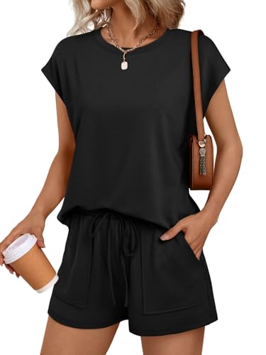 LILLUSORY Womens Crew Neck Cap Sleeve Drawstring Two Piece Summer short Sets Sweatsuit with Pocket