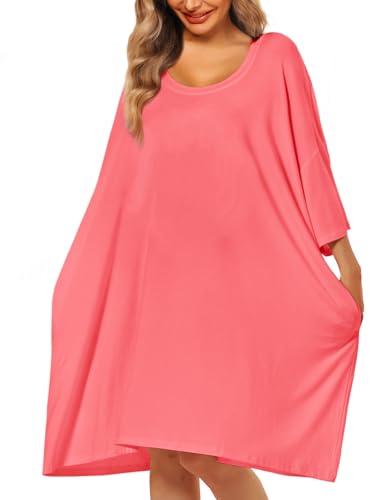 Image of KFUBUO Plus Size Nightgowns for Women Oversized Sleep Tshirts Dress Short Sleeves Sleepwear With Pocket Fit S-5XL