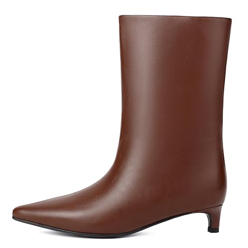Women's Mid Calf Boots Wide Calf Kitten Heel Pointed Toe Pull On Low Heel Fall Boots