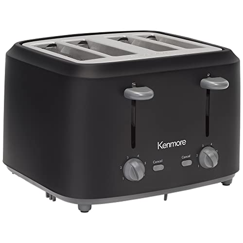 Kenmore 4-Slice Toaster with Dual Controls, Matte Black and Grey, Wide Slots, Self-Adjusting Bread Guides, Adjustable Browning, 6 Shade Settings, Toast, Bagels, Waffles, English Muffins, Small