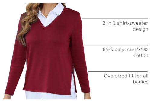 Image of Vldnery Womens Fall Winter Sweater 2025 Trendy Clothes Oversized V Neck Long Sleeve Shirts 2 in 1 Outfit Casual Pullover Tops