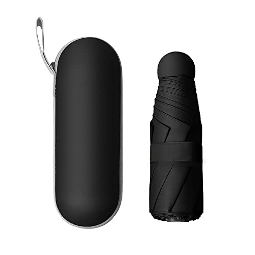 FLORA GUARD Parapluie de voyage pliable, 6 baleines, mini parapluie coupe-vent, parapluie de pluie et de soleil avec étui à capsule, parapluie anti-UV pour homme et femme, Noir Cover