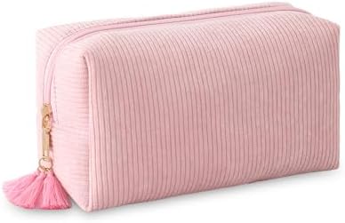 DYSHAYEN Makeup Bag Travel Cosmetic Bag Organizer Tassel Large Corduroy Zipper Pouch, Bridesmaid Gift for Wedding Party (Pink)