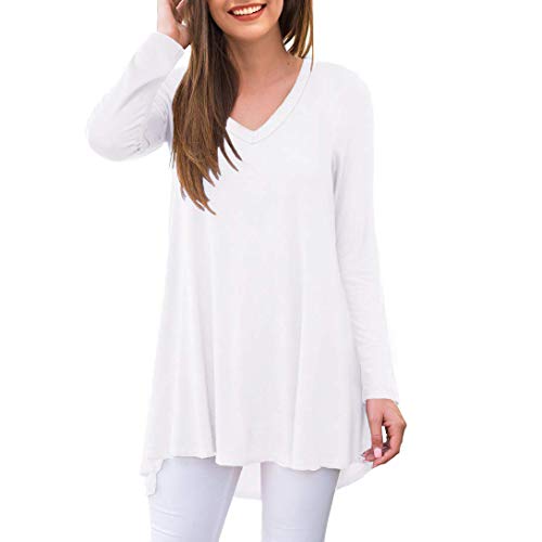 AWULIFFAN Women's Casual Long Sleeve V Neck Loose Tunic T Shirt Blouse Tops (White,Small)