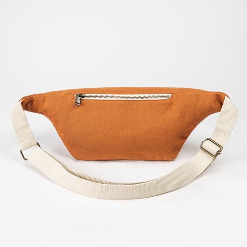 Image of The Peacock Crew Canvas Crossbody Sling Bag for Men & Women - Adjustable Strap, Dual Zippers Left /Right Handed, Secure Everyday Travel Fanny Pack Shoulder Pouch, Trekker Brown Camel, 14.5 x 6.3 x 3.6
