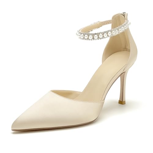Image of Pointed Toe Pearl Wedding Shoes for Bride White High Heels Satin Bridal Shoes Zipper Back Evening Party Dance Dresses Shoes Pumps for Women