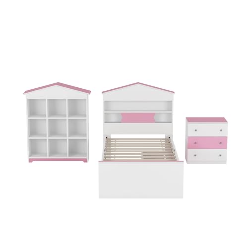 Bovza3piecekidsbedroomsettwinsizehouseshapedbedwithstorageheadboardanddrawerscolorblocknightstandand9compartmentbookshelfforboysandgirlspinkwhite  Urban Country Home Decor Bovza 3 piece kids bedroom set twin size house shaped bed with storage headboard and drawers colorblock nightstand and 9 compartment book shelf for boys and girls pink white  urban country home decor