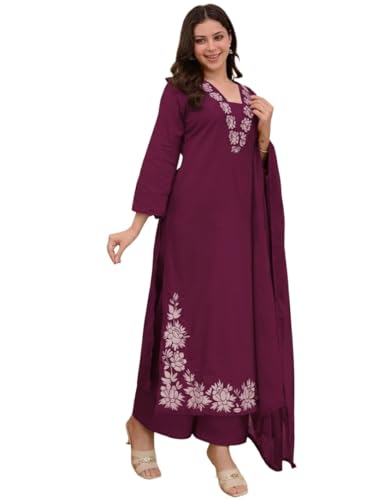Image of ANNI Designer Pure Cotton Embroidered Kurta Set for Women | Rust Orange Kurta with Pants & Dupatta | Floral Neck & Hem Embroidery | Cotton Kurta Set for Women | 10 Colour Options Available