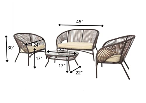 Image of DEVOKO 4 Piece Outdoor Patio Handwoven Rope Sofa Conversation Set with Cushioned Chair & Glass Top Table for Garden, Pool, Porch, Deck, Backyard (Dark Brown & Cream)