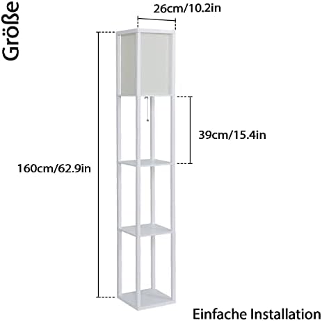 YU YUSING Floor Lamp with Shelves, 3 Layers Wooden Shelf Standing Light, Modern Reading Lamp for Living Room, Bedroom, Office, Home Decoration(Without Bulb) (Size:26x 26x 160 cm) -White