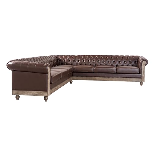 Image of Merax PU Chesterfield Sofa, Retro Upholstered 6 Seater Leather Rolled Arm Couch for Living Room Bedroom, Dark Brown