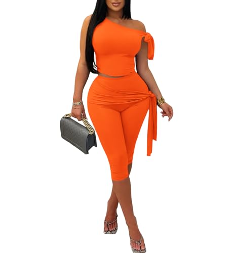 Vssjavun Womens 2 Piece Outfits Sexy Sleeveless One Shoulder Crop Tops Bodycon Capri Pants Sets Party Clubwear Orange S