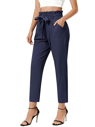 GRACE KARIN Womens Pants Casual Bottoms Ladies Solid Bow Tie High Waist Trousers Dark Blue S