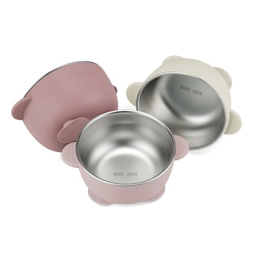 PandaEar 3er Set Edelstahl Baby Schüsseln mit Saugnapf – Breischale für Babybrei & Porridge, Rutschfeste Babyschüsseln mit Silikonhülle, Unzerbrechlich & BPA-frei, Kinderschüssel (Rosa)