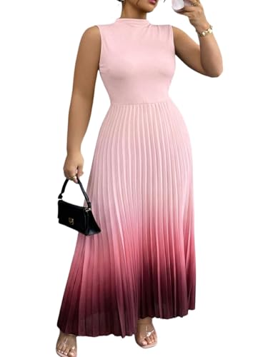 Image of SOLY HUX Women's Plus Size Summer Ombre Sleeveless Flowy Maxi Dress | Birthday, Pleated A Line, Mock Neck, Formal Outfits,Cocktail, Wedding, Graduation
