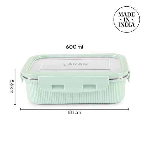 Image of Larah by BOROSIL Freshbyte Food Storage Container with Airtight Stainless Steel Lid | Fridge Container for Lunchbox | Food Grade | Microwave Safe (Green, 600 ml, Rectangular)