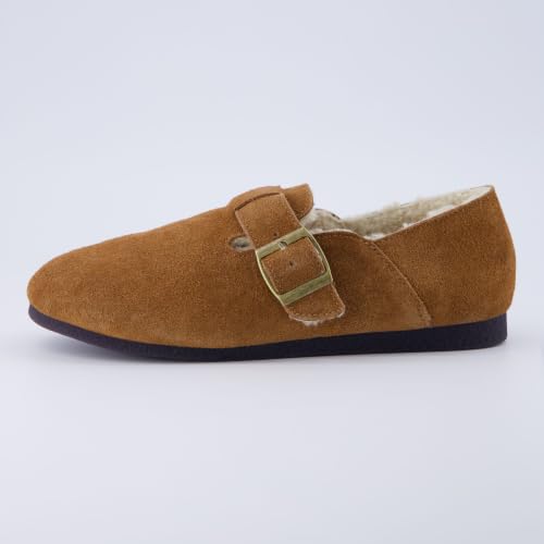Image of CUSHIONAIRE Women's Nest Genuine Suede Slip-On Shoe with Faux Shearling Lining & Memory Foam | Adjustable Buckle & Non-Slip Sole