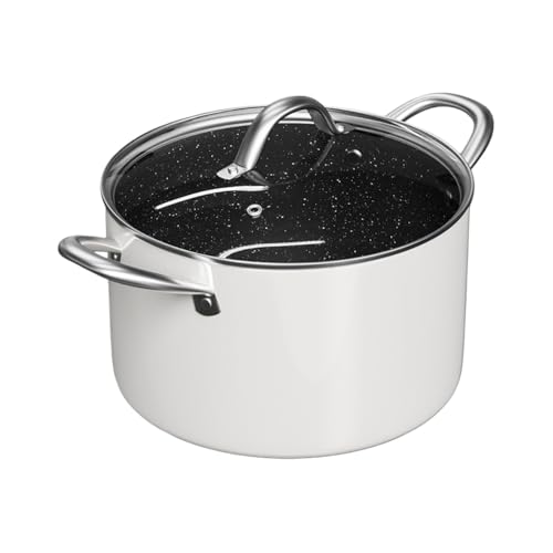 MORLU両手鍋 シチュー鍋 なへ? 焦げ付かない鍋 深型 ガラス蓋付 オール熱源対応 お手入れ簡単 汚れにくい 多機能 (22 ブラックゴールドの内側と白い外側のスープポット+強化蓋,蒸し器付き)