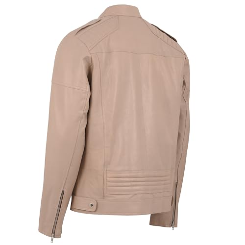 Men's Beige Leather Jacket | Slim Fit | Genuine Lambskin | Biker Style | Zip Pockets | Vintage Moto Fashion4
