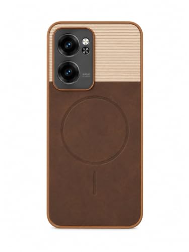 Image of Bintage Mac Safe Design Hard Slim Back Case | Soft Border Camera Protect | Dual PU Leather Finish Back Cover Compatible for Oppo Reno7 5G - White & Cherry Brown