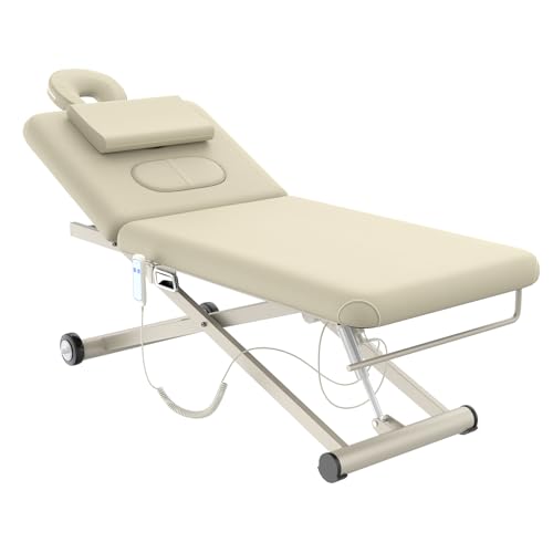 Image of Electric Massage Table, Electric Lift Motor Height adjustable and Manual Backrest Adjustable Angle for Treatment /Medical Spa /Facial Bed /Beauty Bed /Massage Bed - 31.2 Wide x 75 Long - Beige Gray
