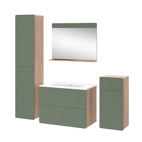 Vicco Meubles Bain Izan, Force d'or Chêne/Vert, 80 cm, composé de Meuble sous-lavabo, lavabo,...