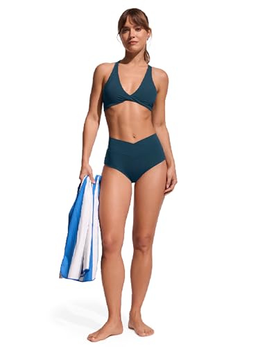 Image of CRZ YOGA V-Shaped High Waited Bikini Bottoms | Mid Cut Leg, Medium Bum Coverage, Cross Front, Swim, Bathing Suit Briefs for Women