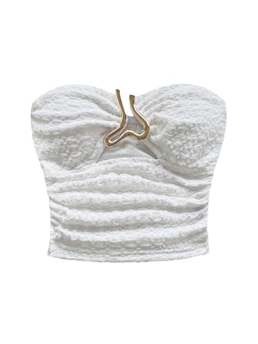 MakeMeChic Women's Bandeau Strapless Tube Tops Open Back Ruched Summer Sexy Cute Crop Top