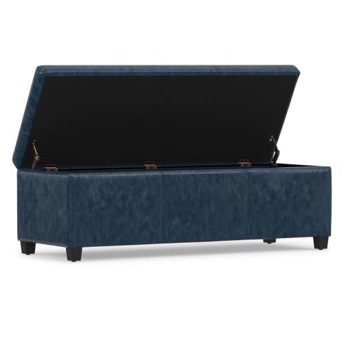 Image of SIMPLIHOME Avalon 48 inch Wide Vegan Leather Storage Ottoman in Denim Blue