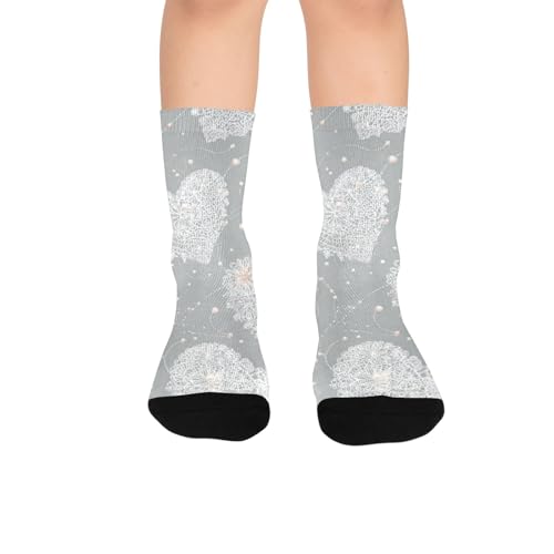 susiyo Lace Heart Print Grey Hiking Socks Boy Girls - Cushioned Crew Socks for Kids Soft, Breathable & Seamless Toe for All-Day Comfort