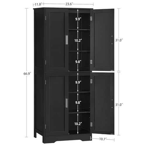 Image of TEENFON 67 inch Storage Cabinet, Kitchen Pantry Cabinet with 4 Doors and 2 Adjustable Shelves, Cupboard, Tall Bathroom Cabinets for Living Room, Kitchen, Bathroom, Black