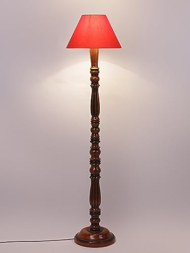 Image of Floor Lamp with Wooden Base - Height 55 inch, Orange | Modern Standing Lamp for Living Room, Bedroom & Office | Stylish & Elegant Home Lighting Decor | Tall Decorative Lamp
