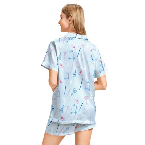 Image of Funny Pajamas for Women Set Print Satin Loungewear Pjs Short Sleeve Button Down Top and Shorts Sets Sleepwear XS-3XL