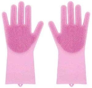 S_E Magic Silicone Dish Washing Gloves, Silicon Cleaning Gloves, Silicon Hand Gloves Heat Resistance for Kitchen Dishwashing and Pet Grooming,(Multicolor, 1 Pair)
