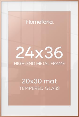 Image of Homeforia 24 x 36 Poster Frame Rose Gold, Premium 24x36 Puzzle Frame Metal Matted to 20x30 Photo, 36 x 24 Picture Frame with Mat for 20 x 30 Photo, Tempered Glass, Wall Hook Included, Set of 1