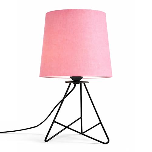 Image of Modern Black Tripod Table Lamp with Taper Fabric Shade | Metal Base Bedside Lamp for Bedroom, Living Room, Study, Office & Nightstand | Decorative Table Light (Pink)
