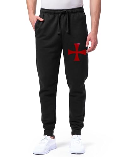 Men's Medieval Templar Cross Print Jogger Sweatpants, Red, Workout Athletic Pants with Pockets, Renaissance Viking Style
