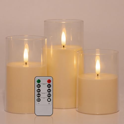 Image of Flickering Flameless Candles,Battery Operated Candles,Acrylic Pillar Candles, Realistic LED Candles with Remote and Timer,Set of 3