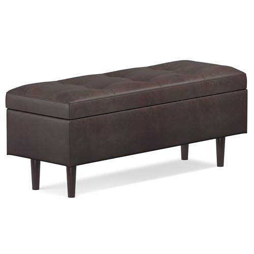 SIMPLIHOME Shay 48 inch Wide Mid Century Modern Rectangular Storage Ottoman in Distressed Chestnut Brown Vegan Faux Leather, Assembled, For the Living Room, Entryway and Family Room